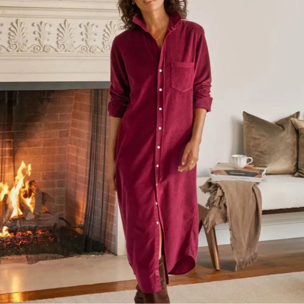 Frank & Eileen Rory Maxi Shirtdress in Maroon Italian Corduroy XS